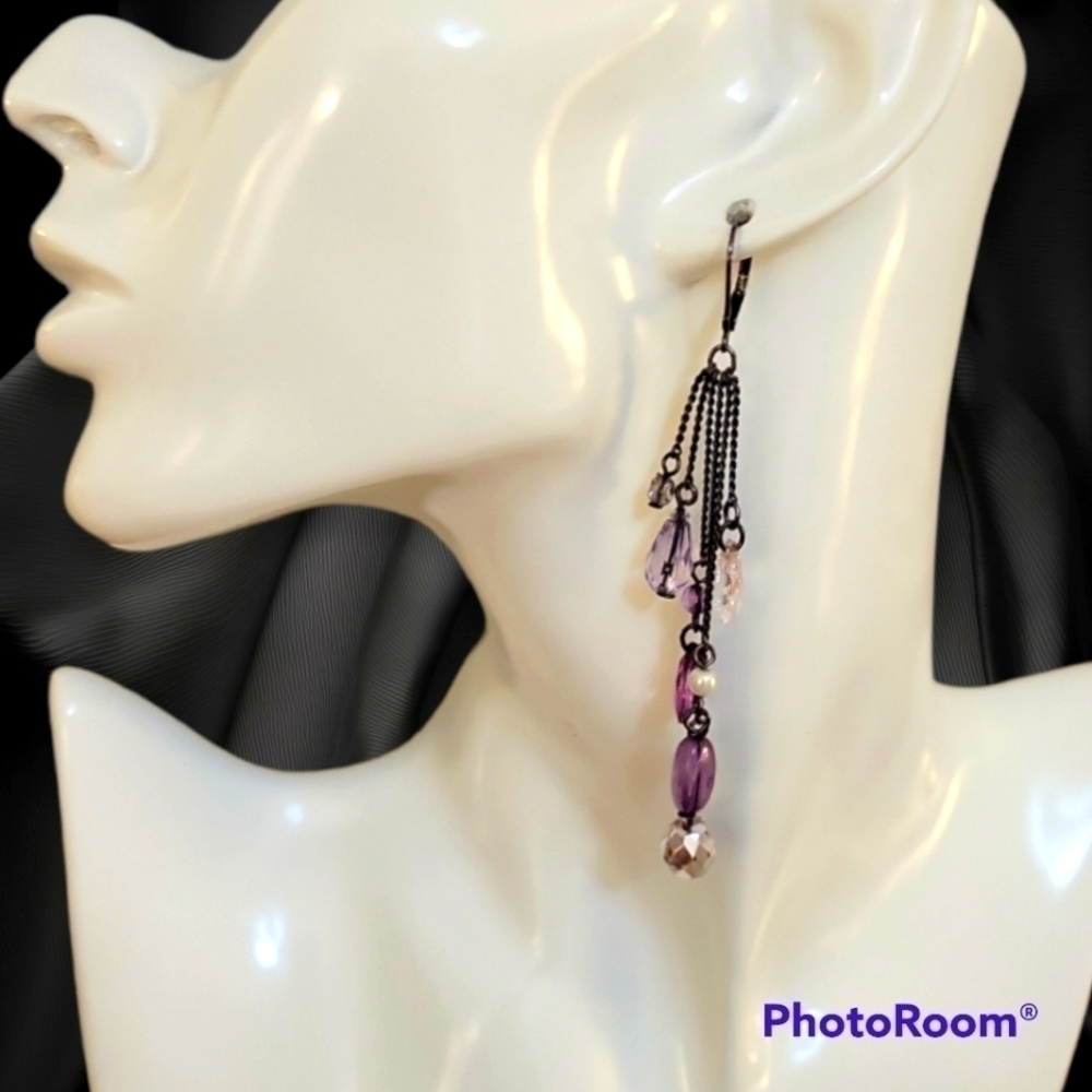 3/$30 Gunmetal Purple Beaded Chain Tassel Leverback Dangle Earrings